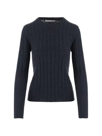 Allude Navy Ribbed Crewneck Wool Sweater In Blue