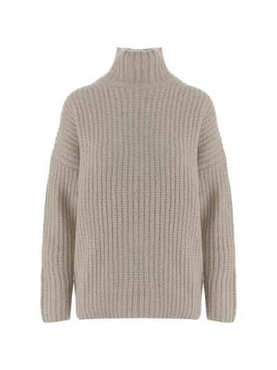 Allude Beige Patterned Knit Turtleneck Cashmere-silk Sweater In Brown