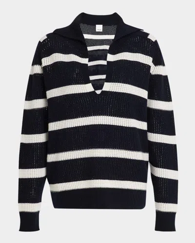 Allude Searfino Striped Polo Sweater In Deep Nightfleur De Sel