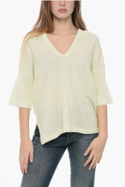 Allude Short Sleeved Cashmere Slip-neck Sweater In Yellow