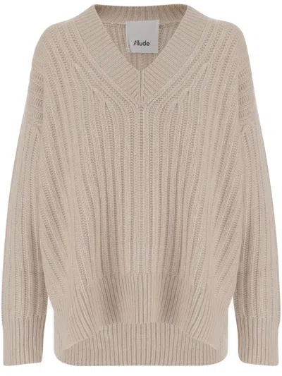 ALLUDE ALLUDE V-NECK CASHMERE SWEATER WITH RIB KNITTING AND ELASTICIZED EDGES