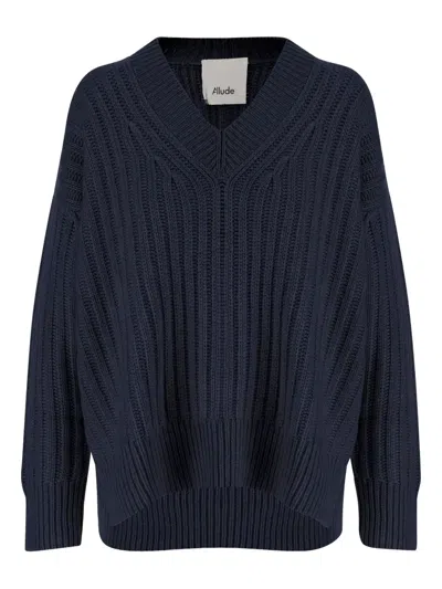 Allude V-neck Rib-knit Sweater In Blue