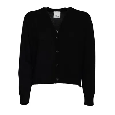 Allude V Neck Ribbed Wool Cardigan In Black