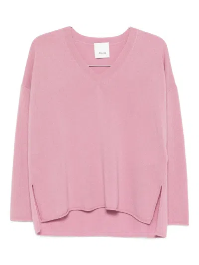 Allude V-neck Side-split Sweater In Pink