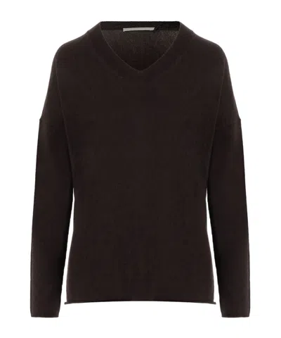 Allude Dark Purple Ribbed V-neck Cashmere Sweater In Burgundy