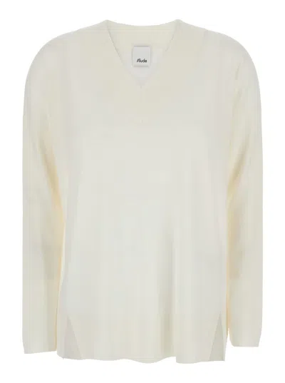 ALLUDE WHITE SWEATER WITH V NECK IN WOOL WOMAN