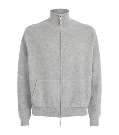 Allude Wool-cashmere Waffle-knit Zip-up Cardigan In Grey