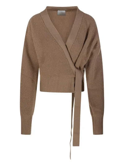 Allude Wrap-front Ribbed Cardigan In Brown
