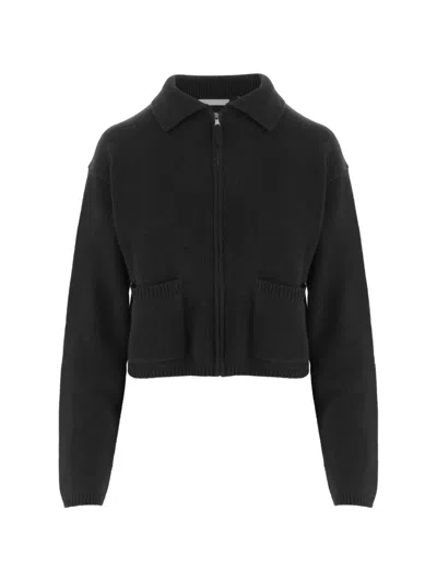 Allude Dark Brown Cropped Front Zip Cashmere Sweater In Black
