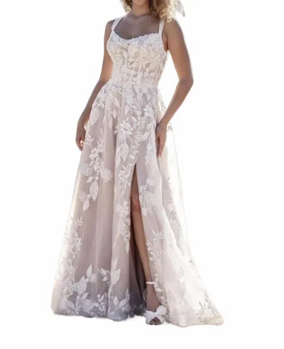 Allure Bridals Beaded Lace A-line Gown In Mocha/champagne/lavender/ivory/nude In Multi