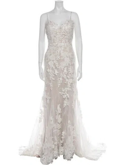 Pre-owned Allure Bridals Floral Print Long Dress In White