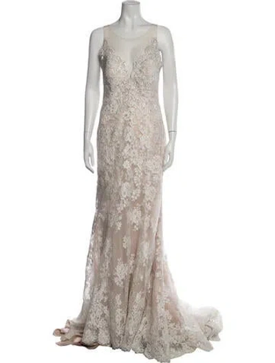 Pre-owned Allure Bridals Lace Pattern Long Dress In Neutral