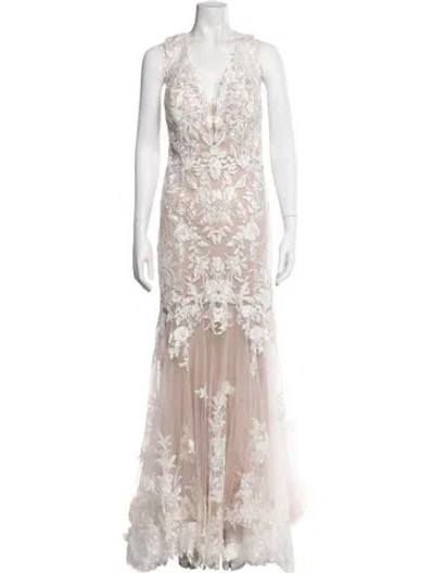 Pre-owned Allure Bridals Lace Pattern Long Dress W/ Tags In Neutrals