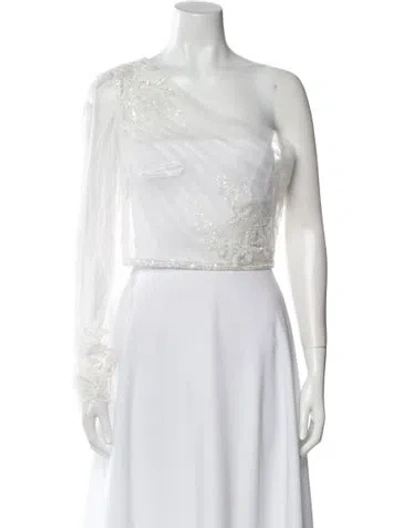 Pre-owned Allure Bridals Mesh One-shoulder Crop Top In White