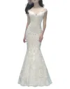 Allure Bridals Off-shoulder Lace Gown With Detachable Tulle Train In Champagne/ivory/silver In Multi