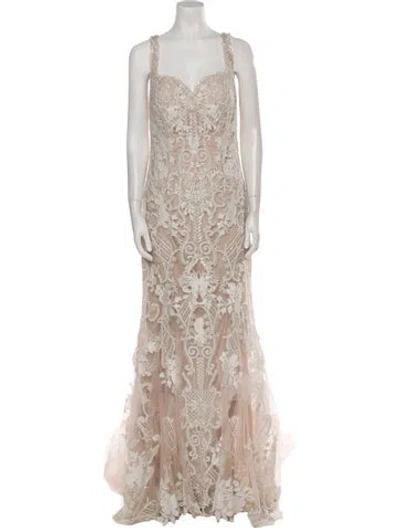 Pre-owned Allure Couture Lace Long Dress W/ Tags In Neutral