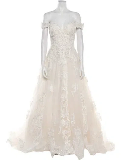 Pre-owned Allure Couture Lace Pattern Long Dress In Neutral