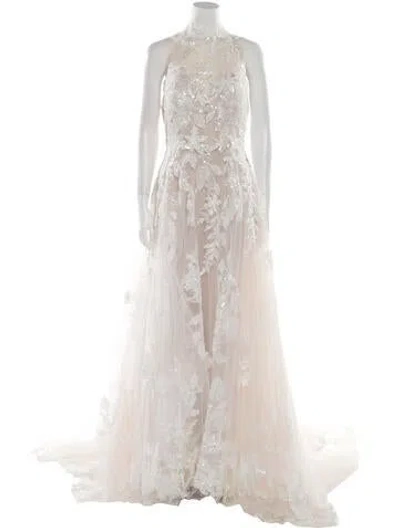 Pre-owned Allure Couture Lace Pattern Long Dress In Neutral