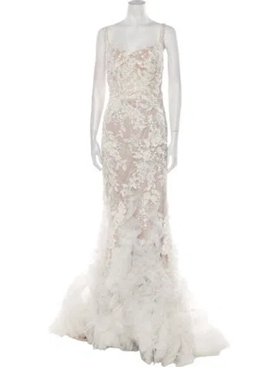 Pre-owned Allure Couture Lace Pattern Long Dress In Neutral