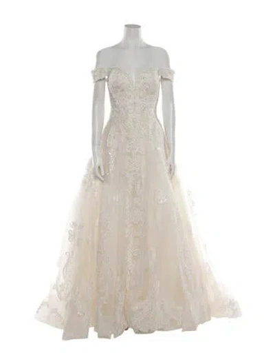 Pre-owned Allure Couture Patterned Long Dress In White