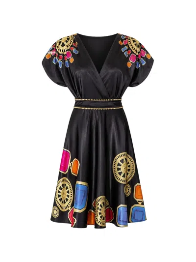 Allure Jewel-print V-neck Mini Dress In Black