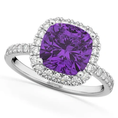 Allurez Cushion Cut Halo Amethyst & Diamond Engagement Ring 14k White Gold In Transparent