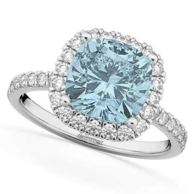 Allurez Cushion Cut Halo Aquamarine & Diamond Engagement Ring 14k White Gold In Neutral