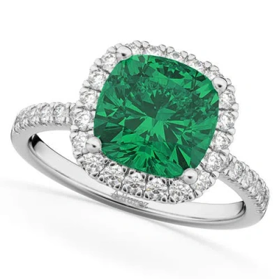 Allurez Cushion Cut Halo Emerald & Diamond Engagement Ring 14k White Gold In Multi