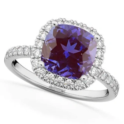 Allurez Cushion Cut Halo Lab Alexandrite & Diamond Engagement Ring 14k In Purple
