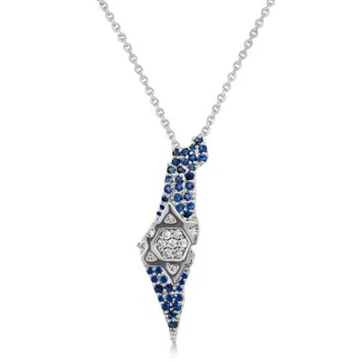 Allurez Diamond & Blue Sapphire Jewish Star Israel Map Pendant Necklace 14k In 0.49ct/white Gold