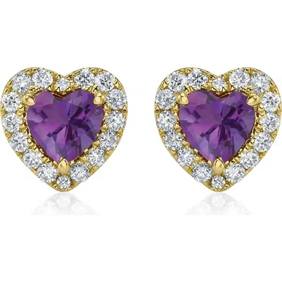 Allurez Heart Lab Amethyst & Round Diamond Halo Stud Earrings 14k 0.68ct In Amethyst/yellow Gold