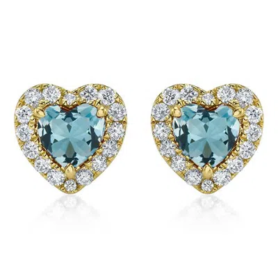 Allurez Heart Lab Aquamarine & Round Diamond Halo Stud Earrings 14k 0.68ct In Aquamarine/yellow Gold