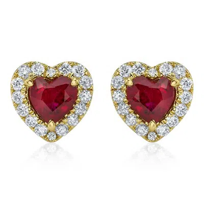 Allurez Heart Lab Ruby & Round Diamond Halo Stud Earrings 14k 0.68ct In Ruby/yellow Gold