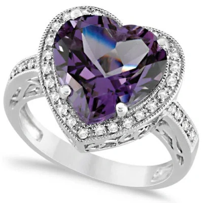 Allurez Heart Shaped Amethyst & Diamond Ring Halo 14k In Silver