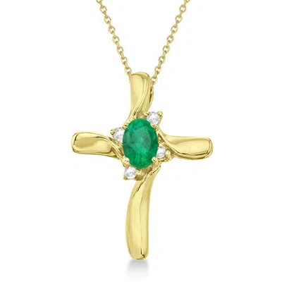 Allurez Lab Emerald & Lab Diamond Cross Necklace Pendant 14k 0.50ct In Yellow Gold