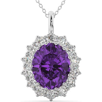 Allurez Oval Amethyst & Diamond Halo Pendant Necklace 14k In 6.40ct/white Gold