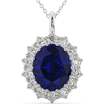 Allurez Oval Blue Sapphire & Diamond Halo Pendant Necklace 14k In 6.40ct/white Gold