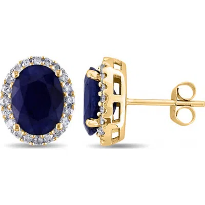 Allurez Oval Blue Sapphire & Halo Diamond Stud Earrings 14k In Gold