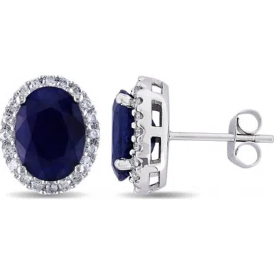 Allurez Oval Blue Sapphire & Halo Diamond Stud Earrings 14k In Silver
