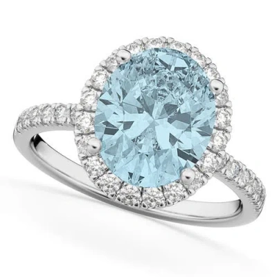 Allurez Oval Cut Halo Aquamarine & Diamond Engagement Ring 14k In Blue