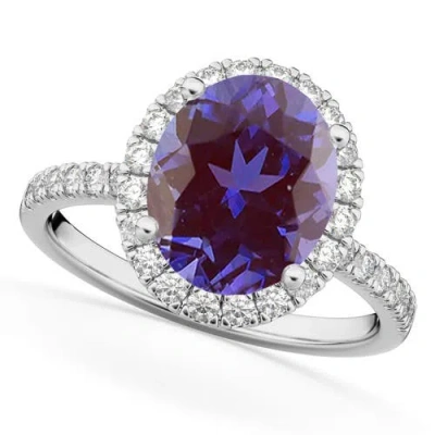 Allurez Oval Cut Halo Lab Alexandrite & Diamond Engagement Ring 14k In Transparent