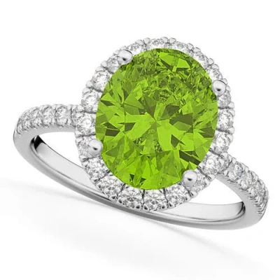 Allurez Oval Cut Halo Peridot & Diamond Engagement Ring 14k In Green
