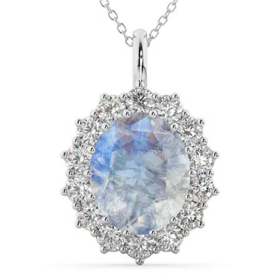 Allurez Oval Moonstone & Diamond Halo Pendant Necklace 14k In 6.40ct/white Gold