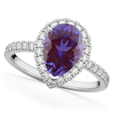 Allurez Pear Cut Halo Lab Alexandrite & Diamond Engagement Ring 14k In Purple