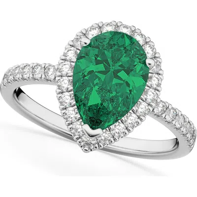 Allurez Pear Cut Halo Lab Emerald & Lab Diamond Engagement Ring 14k In Green