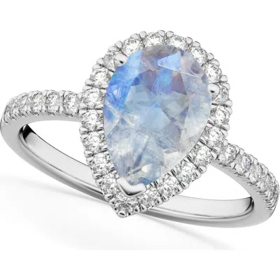 Allurez Pear Cut Halo Moonstone & Diamond Engagement Ring 14k In Silver