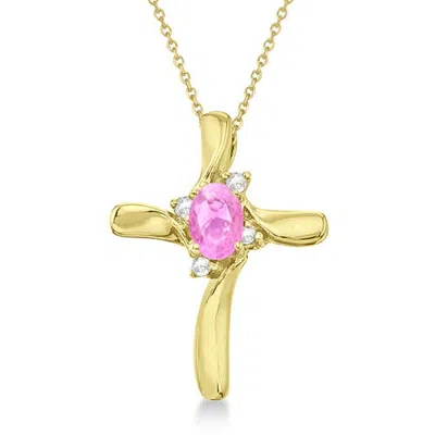 Allurez Pink Sapphire & Diamond Cross Necklace Pendant 14k 0.50ct In Yellow Gold