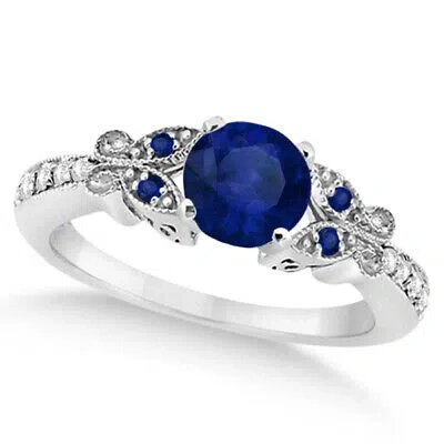 Pre-owned Allurez Preset Butterfly Blue Sapphire & Diamond Engagement Ring 14k White Gold 0.88ct In G - H
