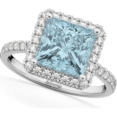 Allurez Princess Cut Halo Aquamarine & Diamond Engagement Ring 14k In Blue