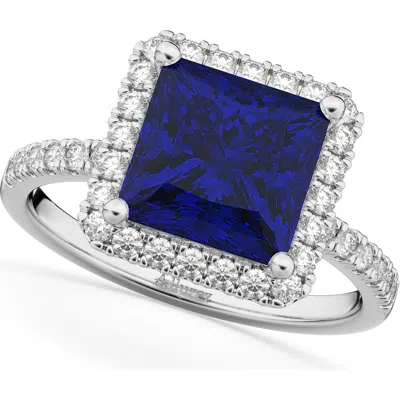 Allurez Princess Cut Halo Blue Sapphire & Diamond Engagement Ring 14k